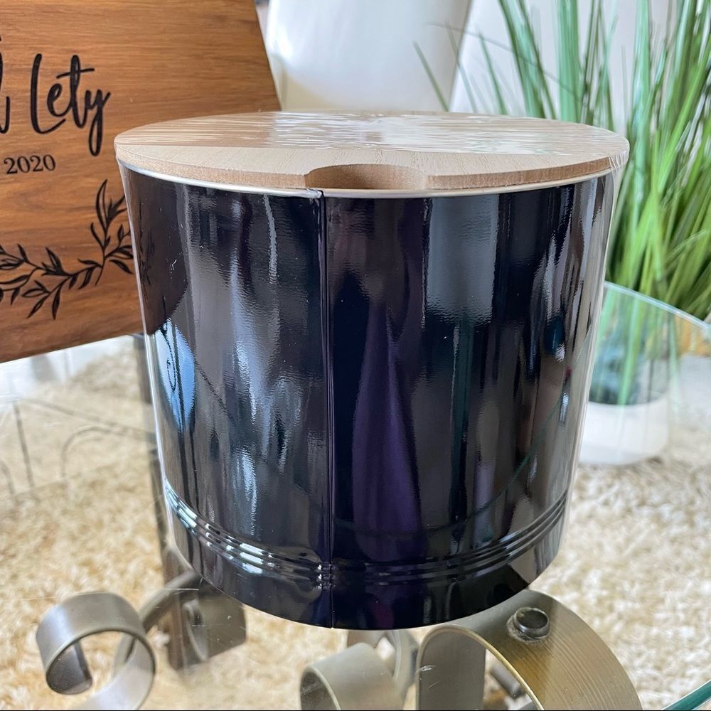 NWT New & Sealed Black Metal Aluminum with Wood Lid Storage Container Canister